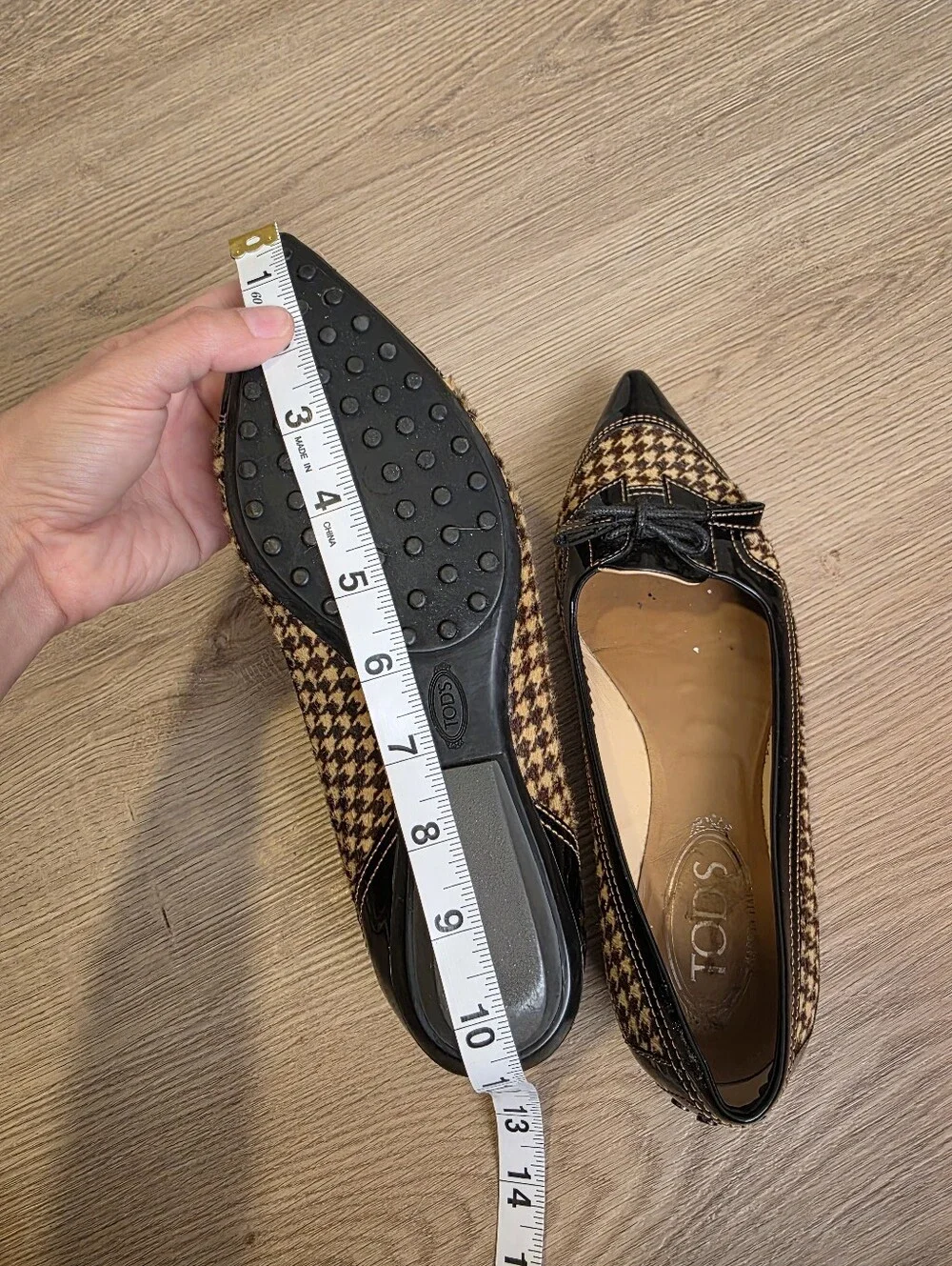 Tod’s | Women's Houndstooth Calf Hair & Patent Leather Pointed Toe Bow Flats
